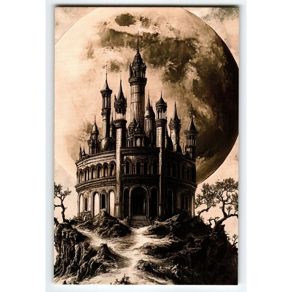 Vintage Sepia Fantasy Castle Postcard with Large Moon Background